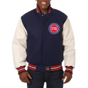Detroit pistons domestic logo wool and leather jacket navy white 1
