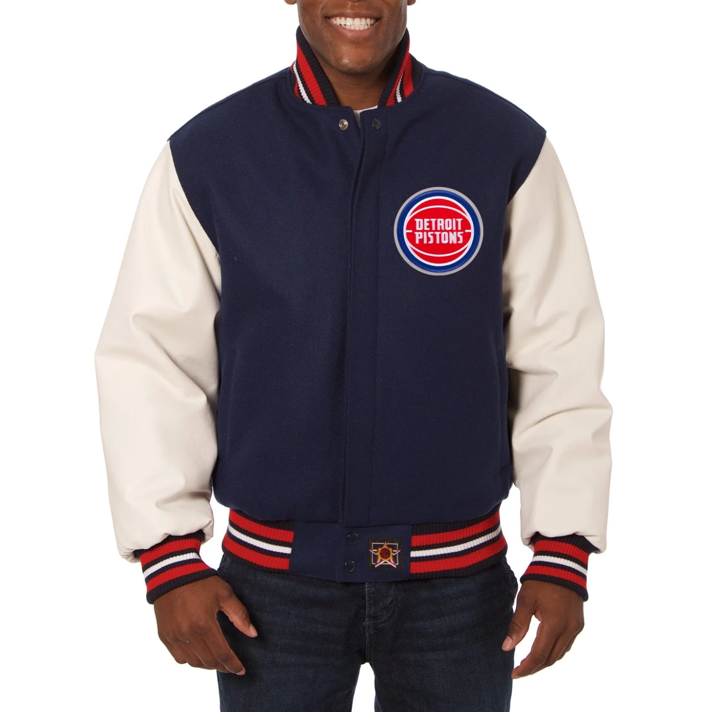 Detroit pistons domestic logo wool and leather jacket navy white 1