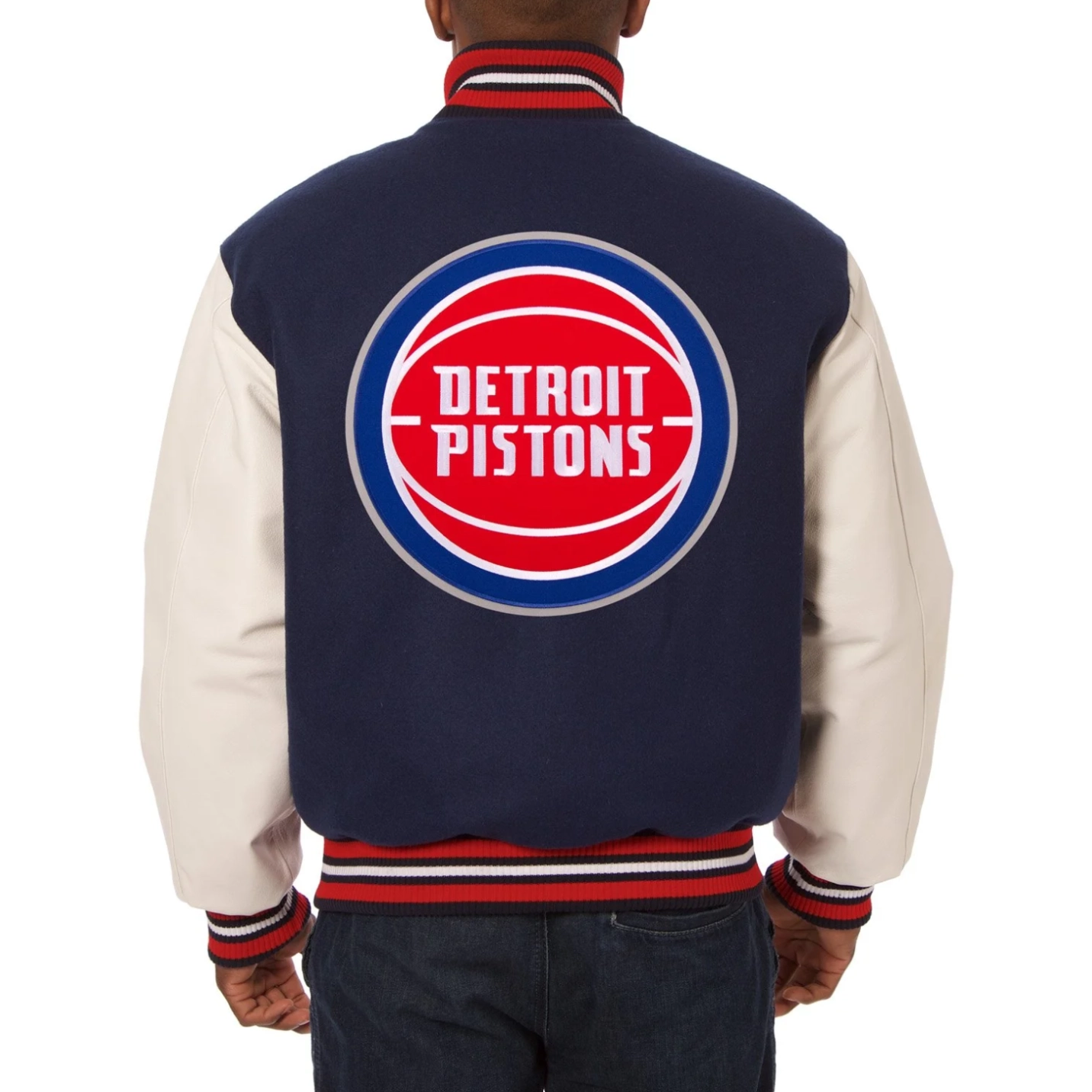 Detroit pistons domestic logo wool and leather jacket navy white 2