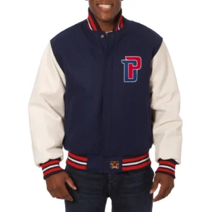 Detroit pistons domestic two tone wool and leather jacket navy white 1