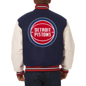 Detroit pistons domestic two tone wool and leather jacket navy white 2