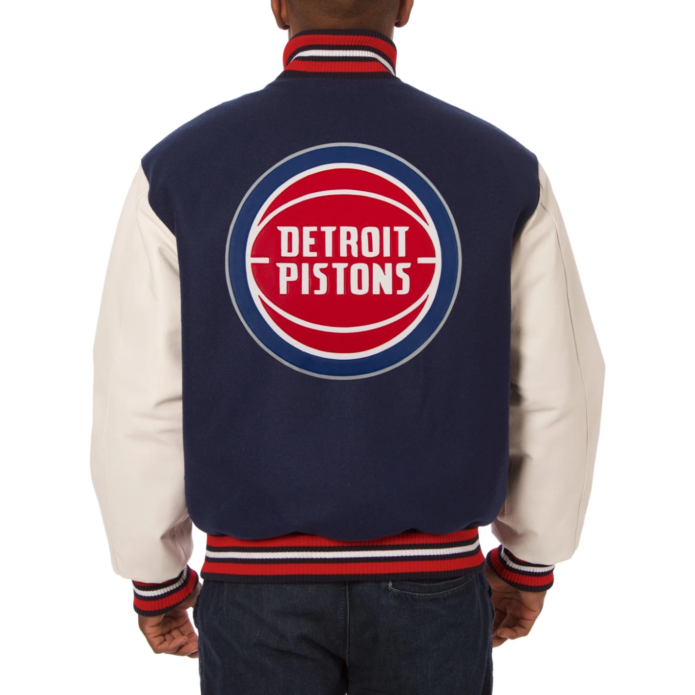 Detroit pistons domestic two tone wool and leather jacket navy white 2