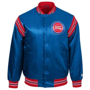 Detroit pistons enforcer full snap satin varsity jacket blue