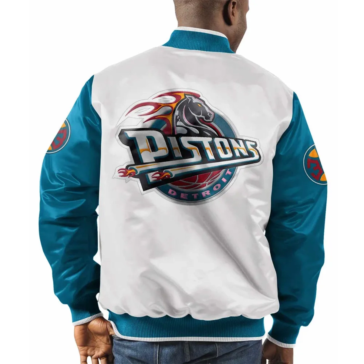 Detroit pistons full snap teal white bomber jacket