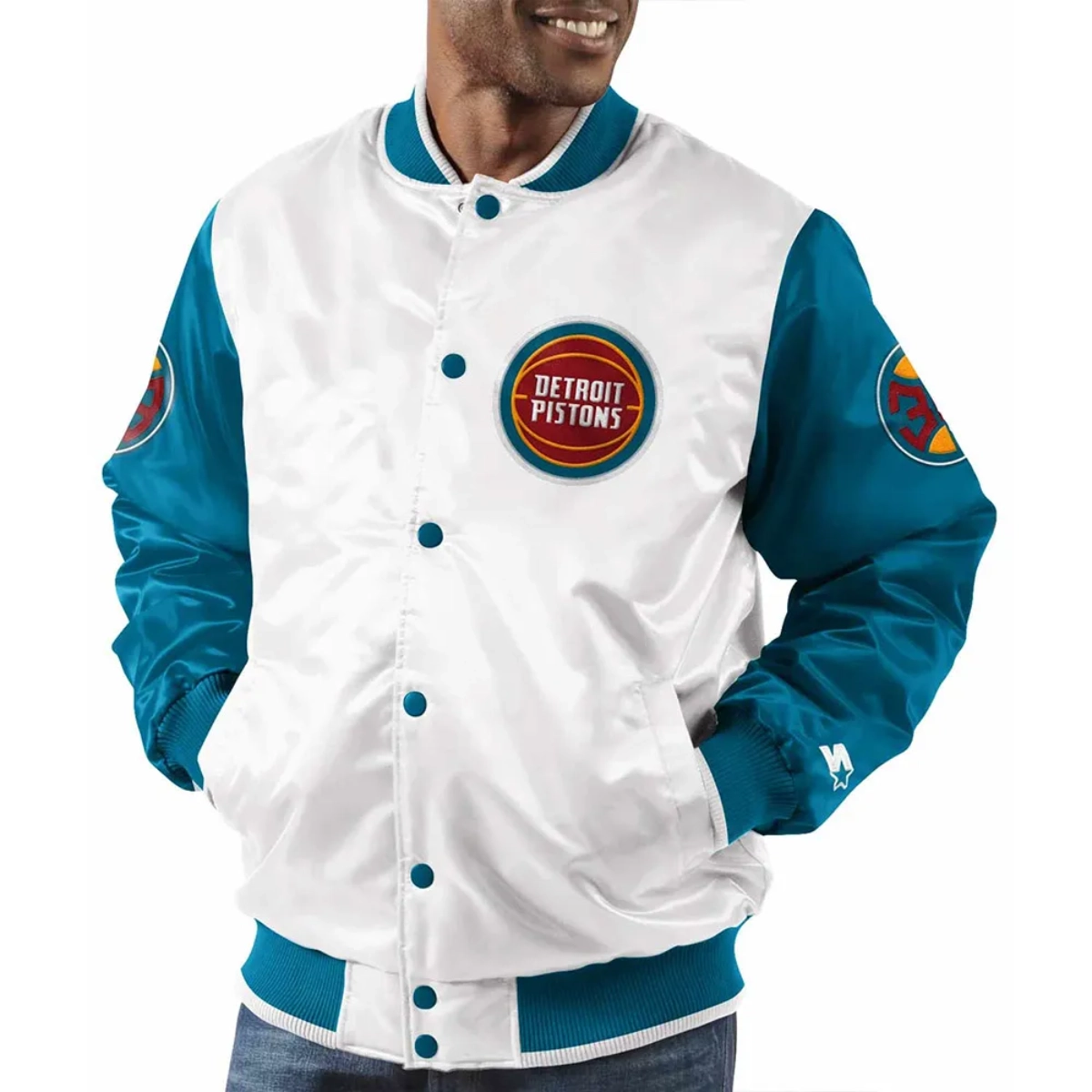 Detroit pistons full snap white satin varsity jacket