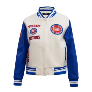 Detroit pistons retro classic womens woolleather varsity jacket white blue 1