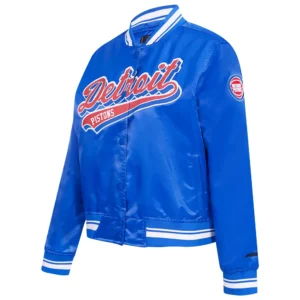 Detroit pistons script tail womens full snap satin varsity jacket blue 4