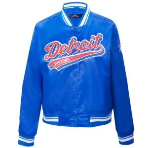 Detroit pistons script tail womens full snap satin varsity jacket blue 5