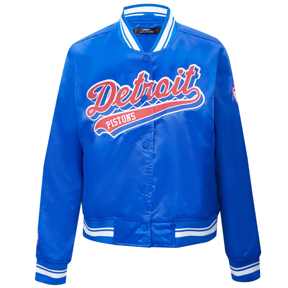 Detroit pistons script tail womens full snap satin varsity jacket blue 5