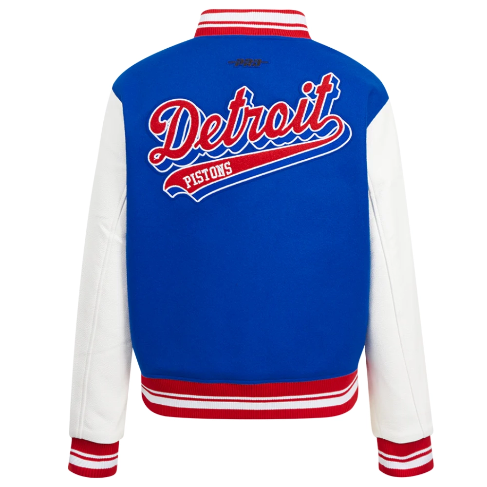 Detroit pistons script tail womens wool leather varsity jacket blue white 4