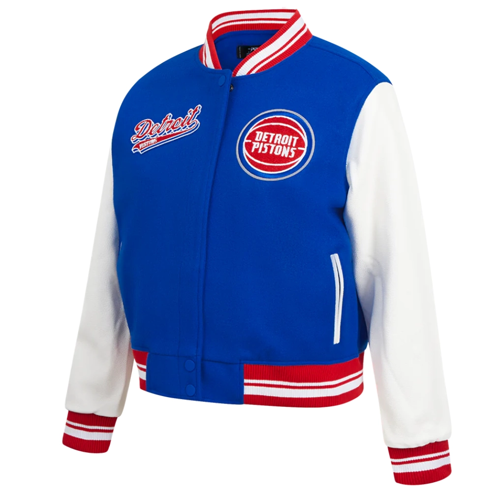 Detroit pistons script tail womens wool leather varsity jacket blue white 5