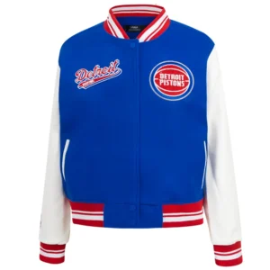 Detroit pistons script tail womens wool leather varsity jacket blue white 6