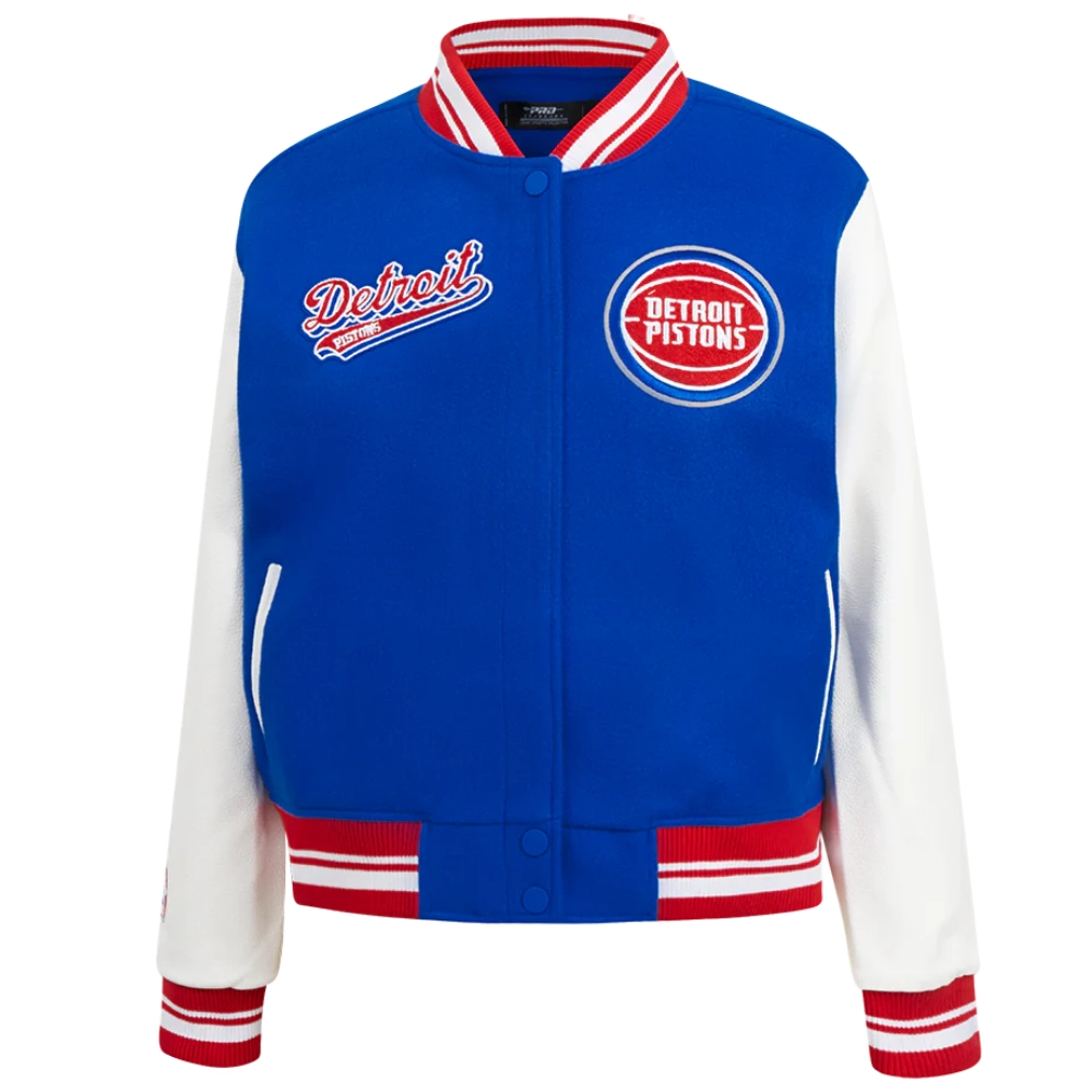 Detroit pistons script tail womens wool leather varsity jacket blue white 6