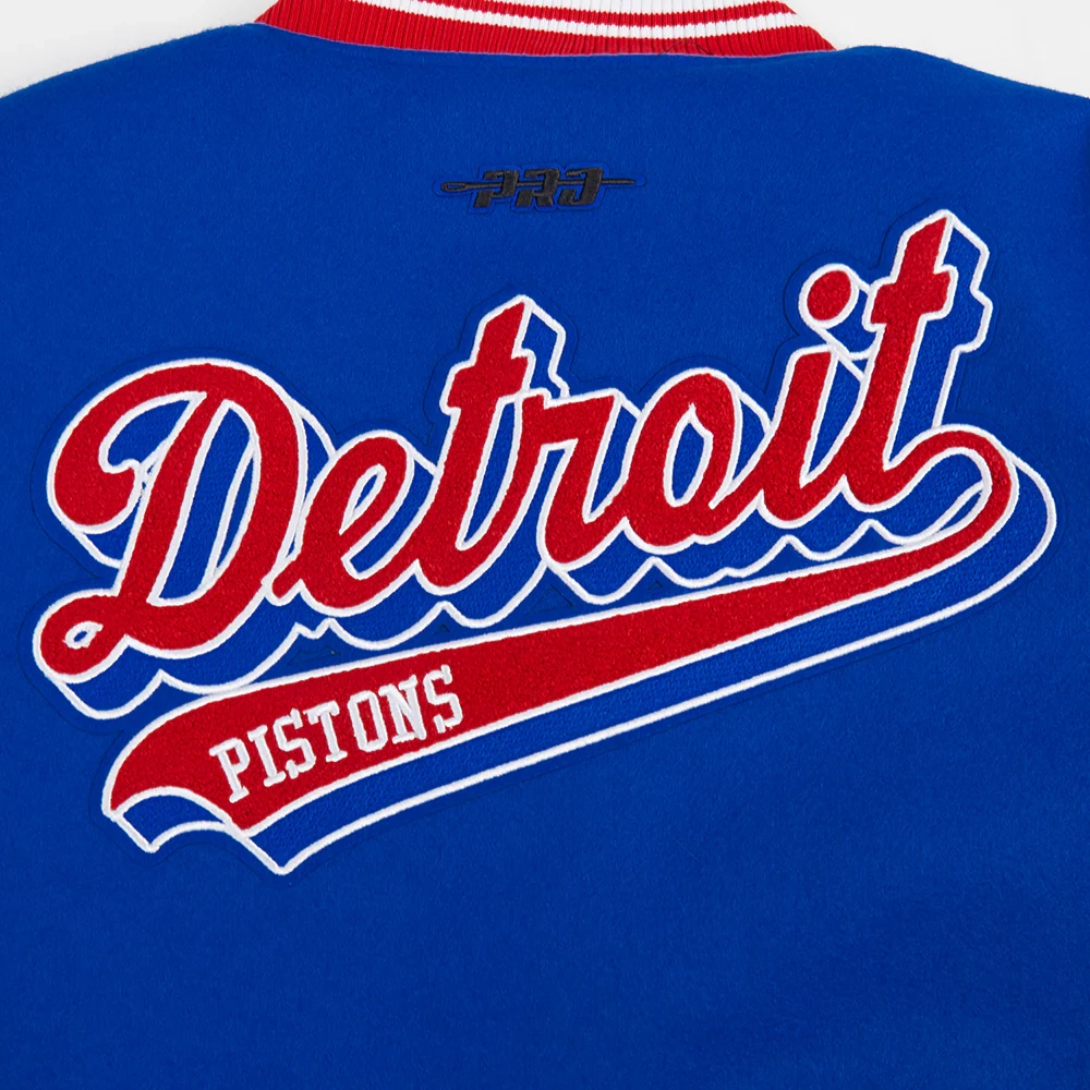 Detroit pistons script tail womens wool leather varsity jacket blue white