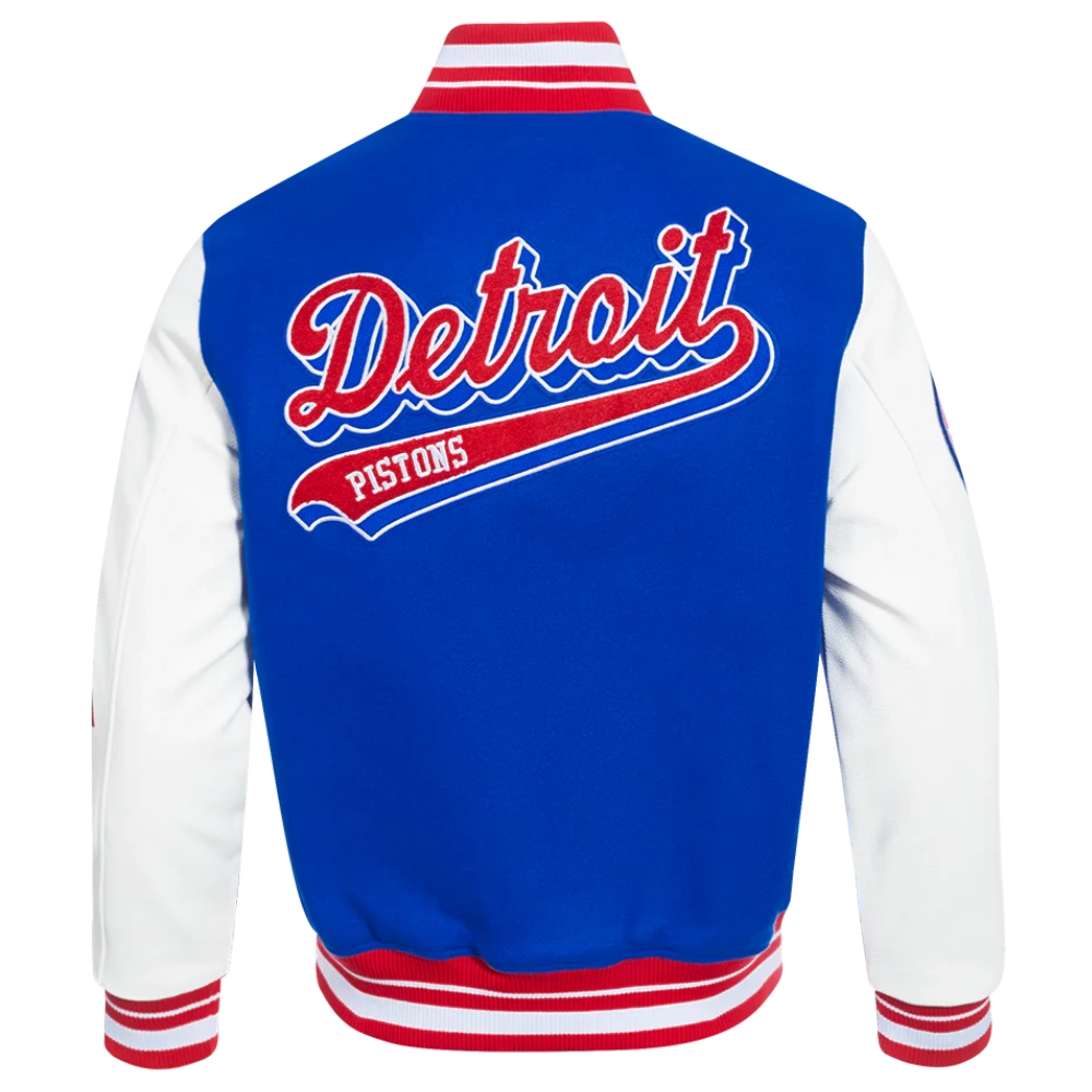 Detroit pistons script tail wool leather varsity jacket blue white 5