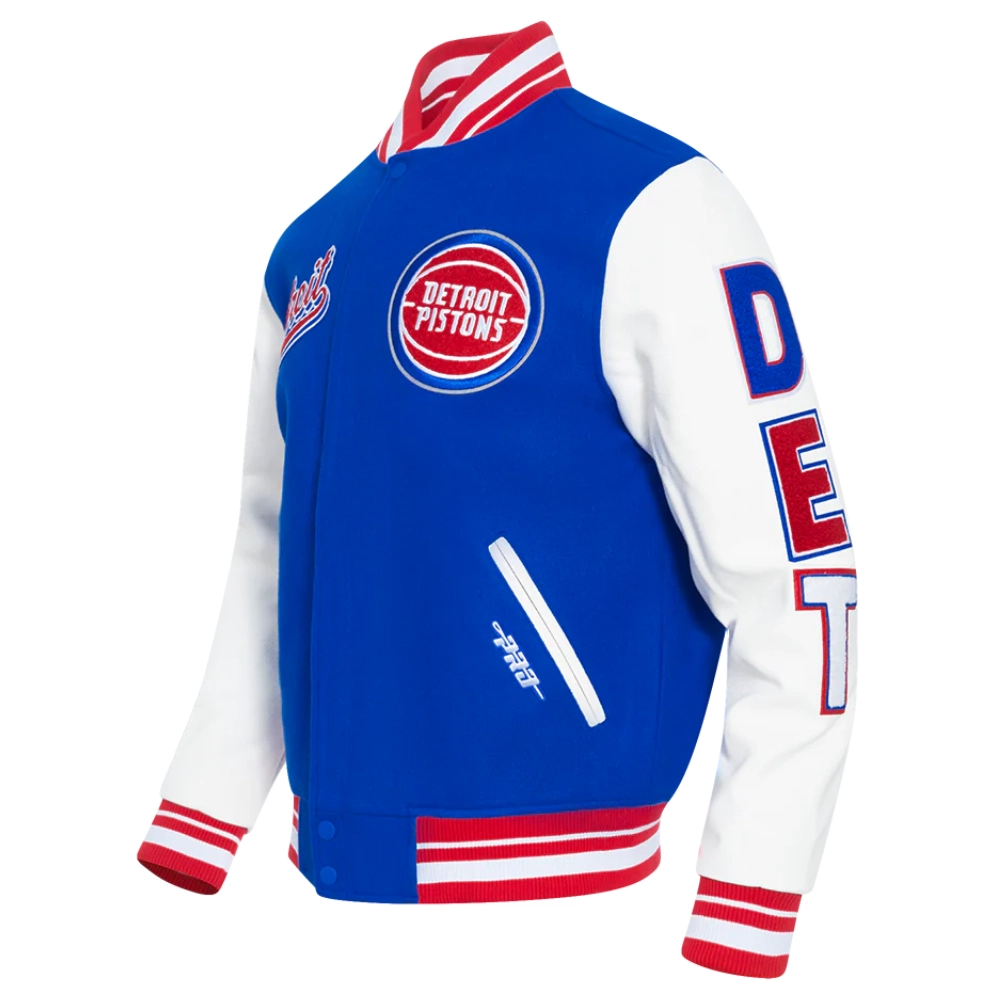 Detroit pistons script tail wool leather varsity jacket blue white 6