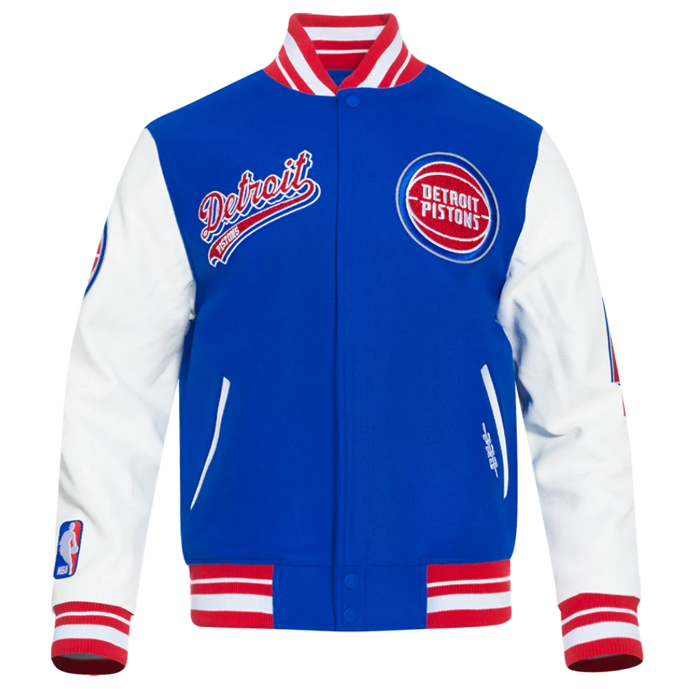 Detroit pistons script tail wool leather varsity jacket blue white 7