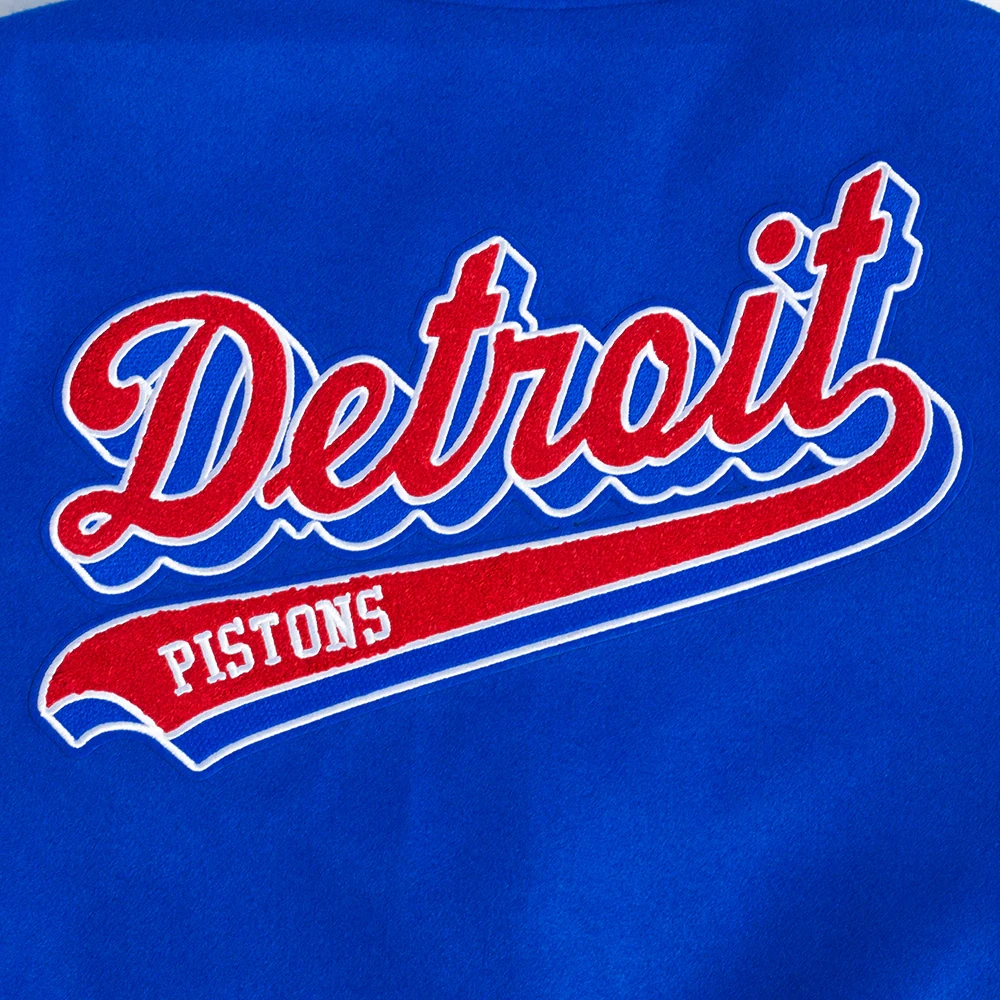 Detroit pistons script tail wool leather varsity jacket blue white