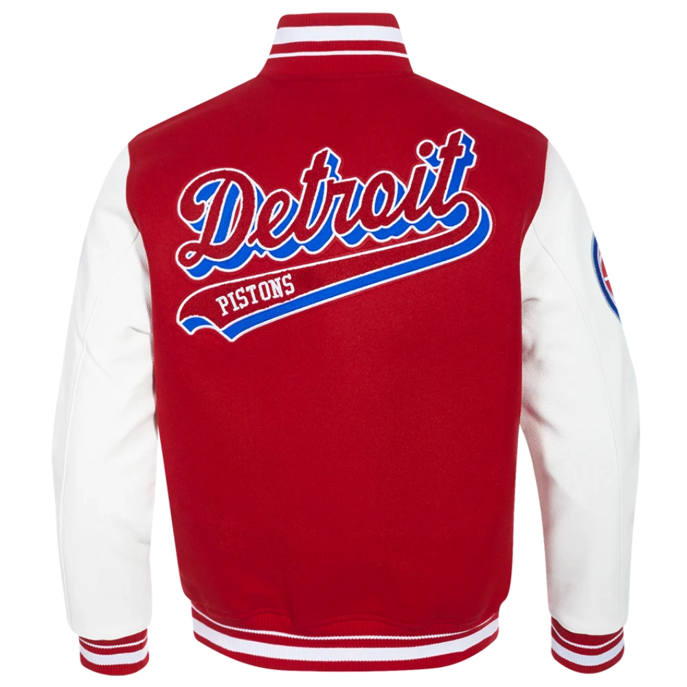 Detroit pistons script tail wool leather varsity jacket red white 5