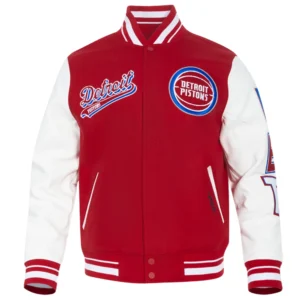 Detroit pistons script tail wool leather varsity jacket red white 7