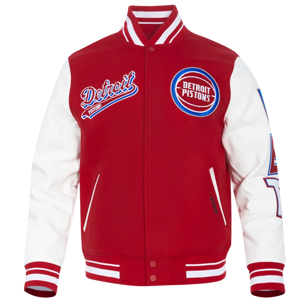 Detroit pistons script tail wool leather varsity jacket red white 7