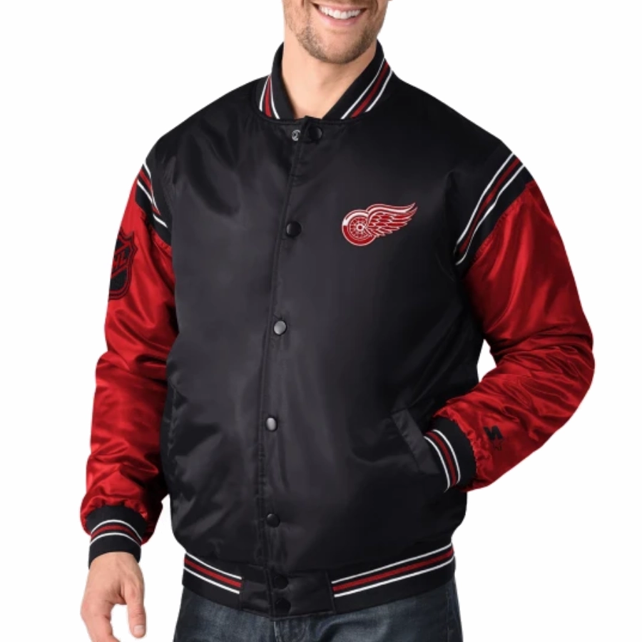 Detroit red wings enforcer full snap satin varsity jacket blackred