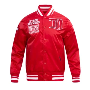 Detroit red wings retro classic full snap satin varsity jacket red 1