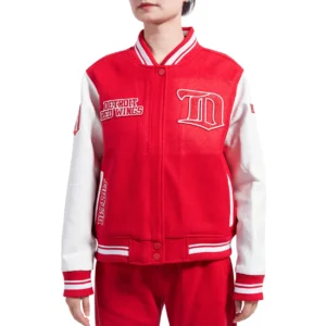 Detroit red wings retro classic womens wool leather varsity jacket red white 1