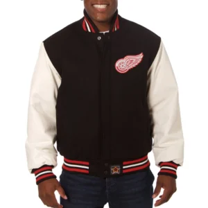 Detroit red wings two tone real wool leather jacket black white 1