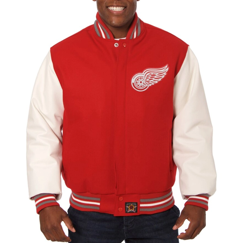 Detroit red wings two tone wool leather varsity jacket red white 1