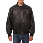 Detroit Tigers Shirt Collar Black Leather Bomber Jacket