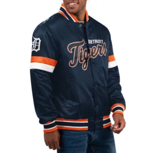 Detroit tigers home game satin varsity jacket navy 1