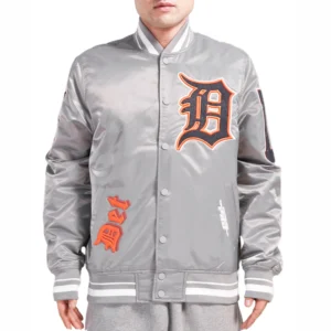 Detroit tigers old english rib satin varsity jacket gray transformed