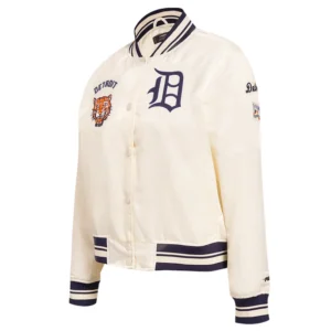 Detroit tigers retro classic womens full snap satin varsity jacket cream 6