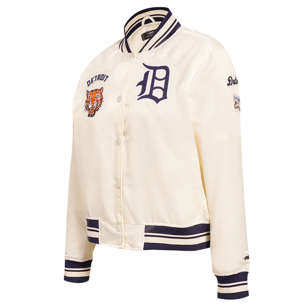 Detroit tigers retro classic womens full snap satin varsity jacket cream 6