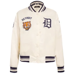 Detroit tigers retro classic womens full snap satin varsity jacket cream 7