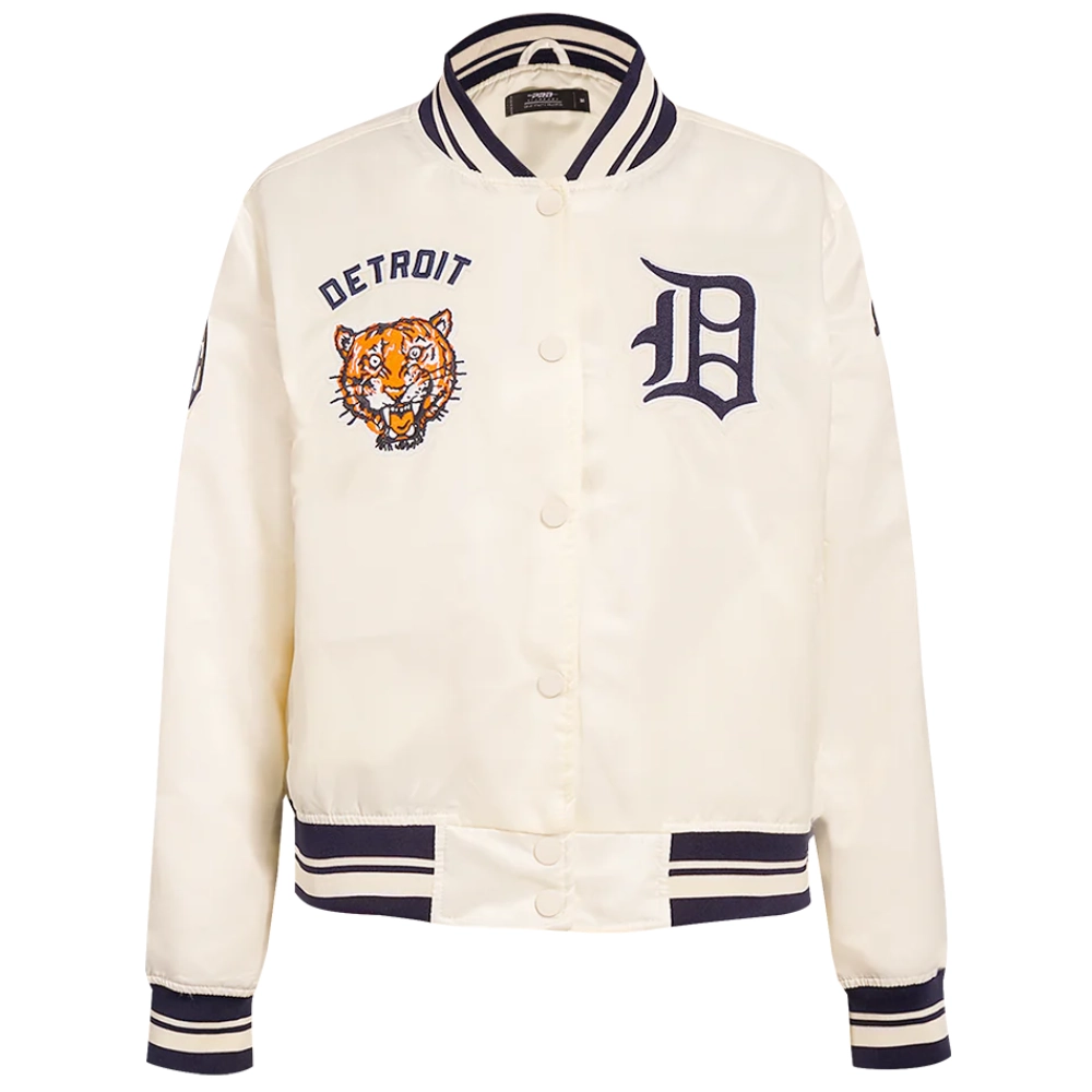Detroit tigers retro classic womens full snap satin varsity jacket cream 7