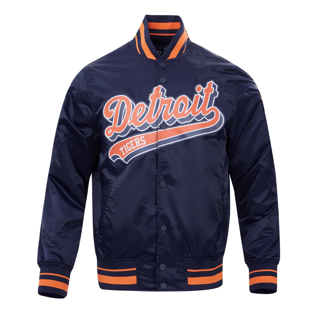 Detroit tigers script tail satin varsity jacket navy 1