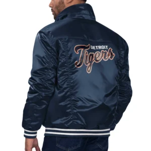 Detroit tigers silver tab satin trucker varsity jacket navy 1 1