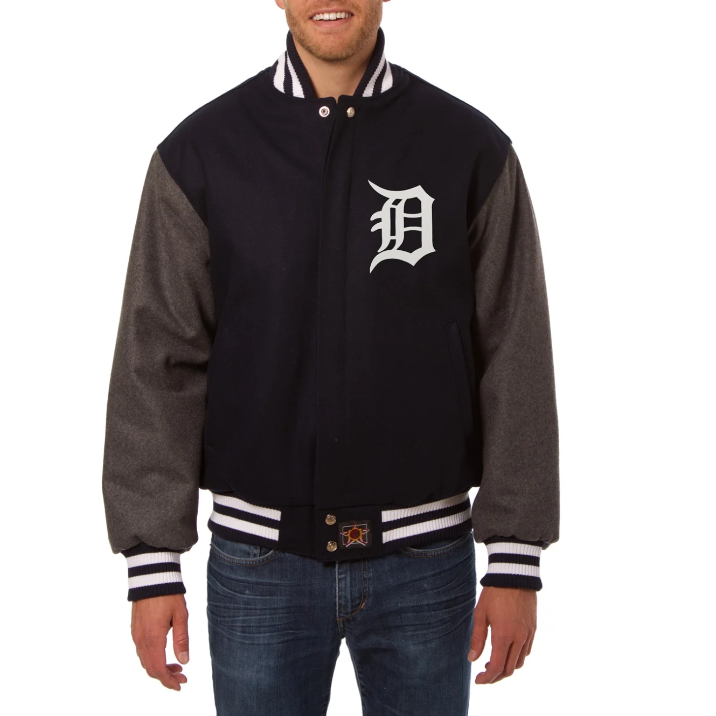 Detroit tigers two tone handcrafted logo wool varsity jacket black gray 1