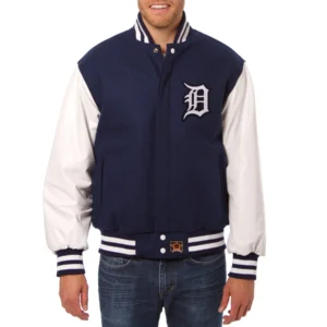 Detroit tigers two tone wool leather varsity jacket navy white 1