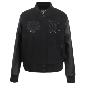 Detroit tigers womens triple black ribbed knitted wool leather varsity jacket 1 1