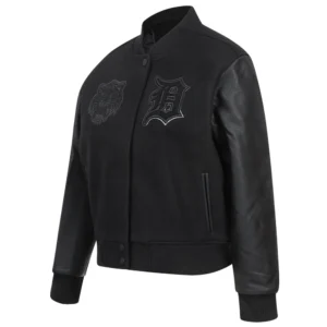 Detroit tigers womens triple black ribbed knitted wool leather varsity jacket 6 1