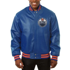 Edmonton oilers full real leather varsity jacket blue 1