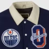 Edmonton oilers navy cream full snap wool leather front varsity jacket
