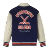 Edmonton oilers navy cream full snap wool leather jacket