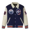 Edmonton oilers navy cream full snap wool leather varsity jacket