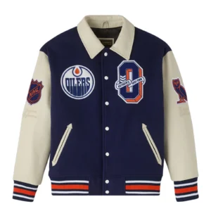Edmonton oilers navy cream full snap wool leather varsity jacket