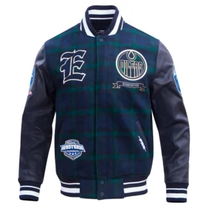 Edmonton oilers pro standard prep plaid navy wool leather varsity jacket 1