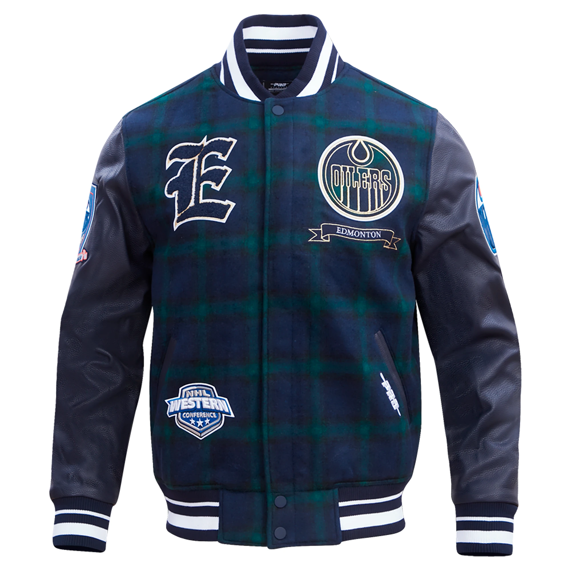 Edmonton oilers pro standard prep plaid navy wool leather varsity jacket 1